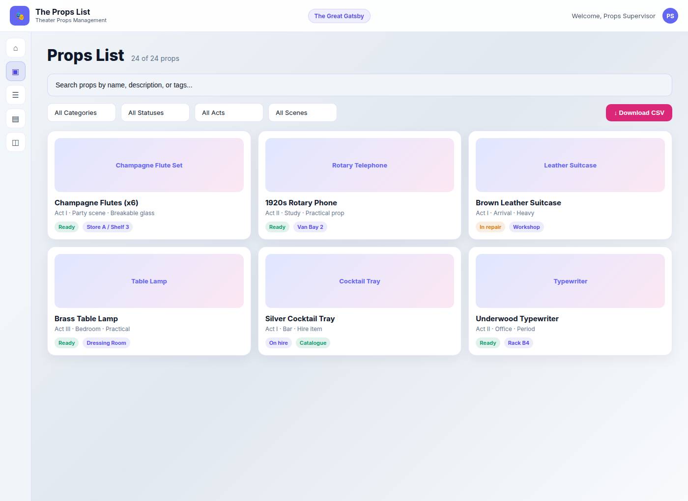 Props Inventory in The Props List light theme with search, filters, and prop cards