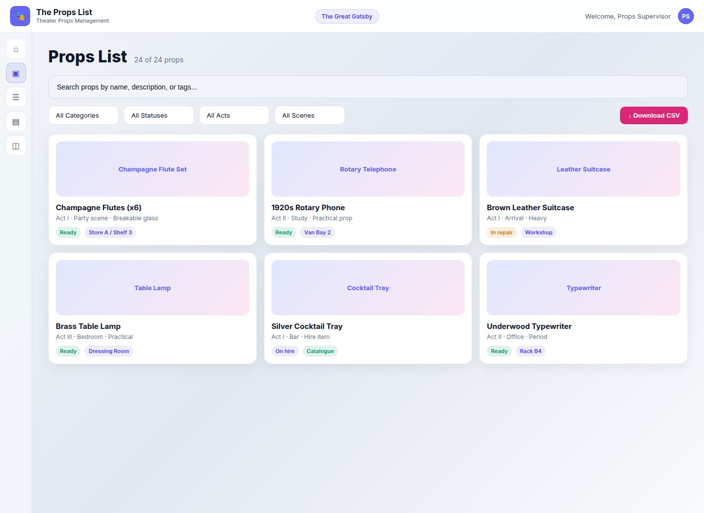 Props Inventory page with search and filters