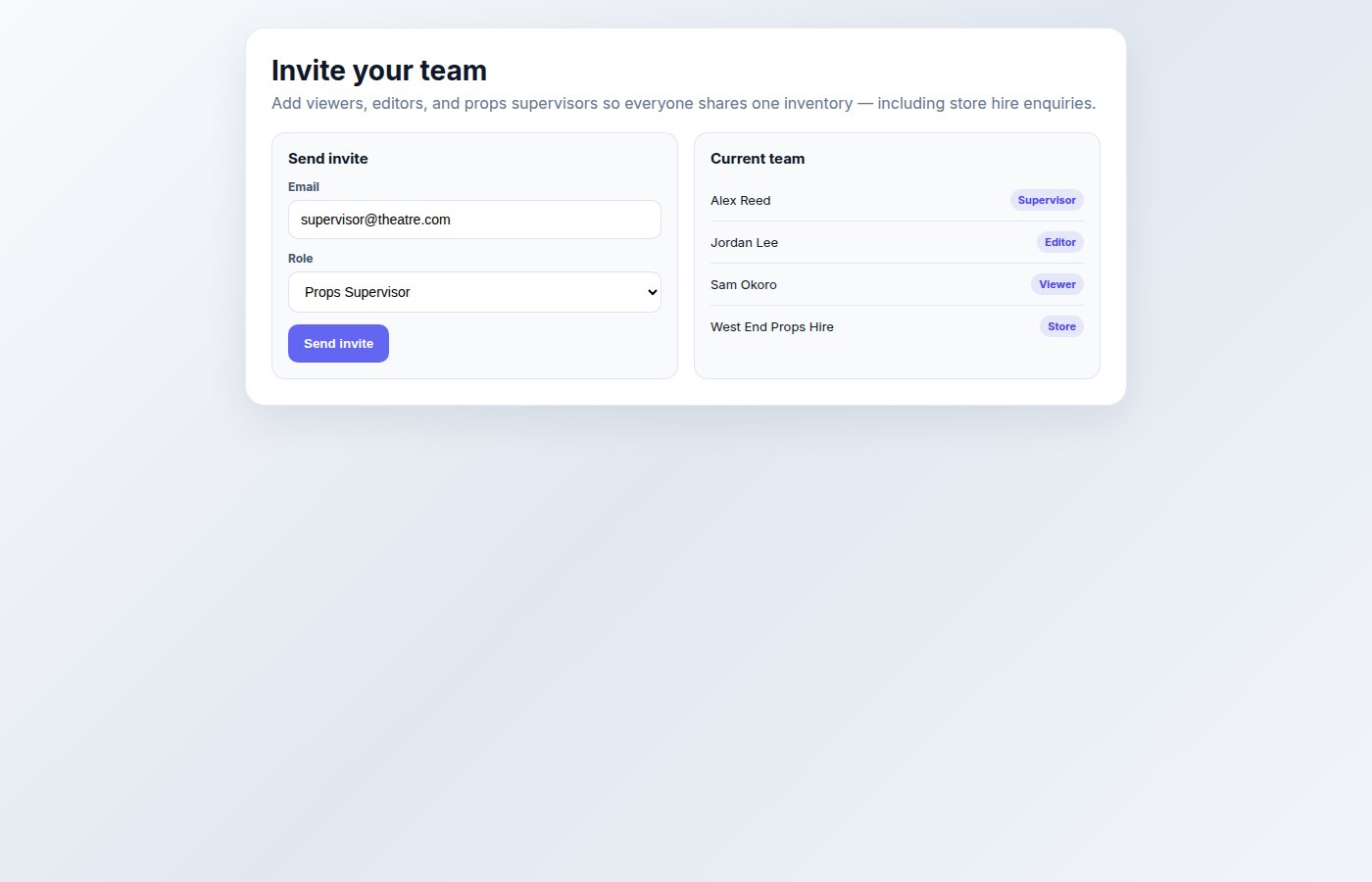 Acts, scenes, and invite team members section
